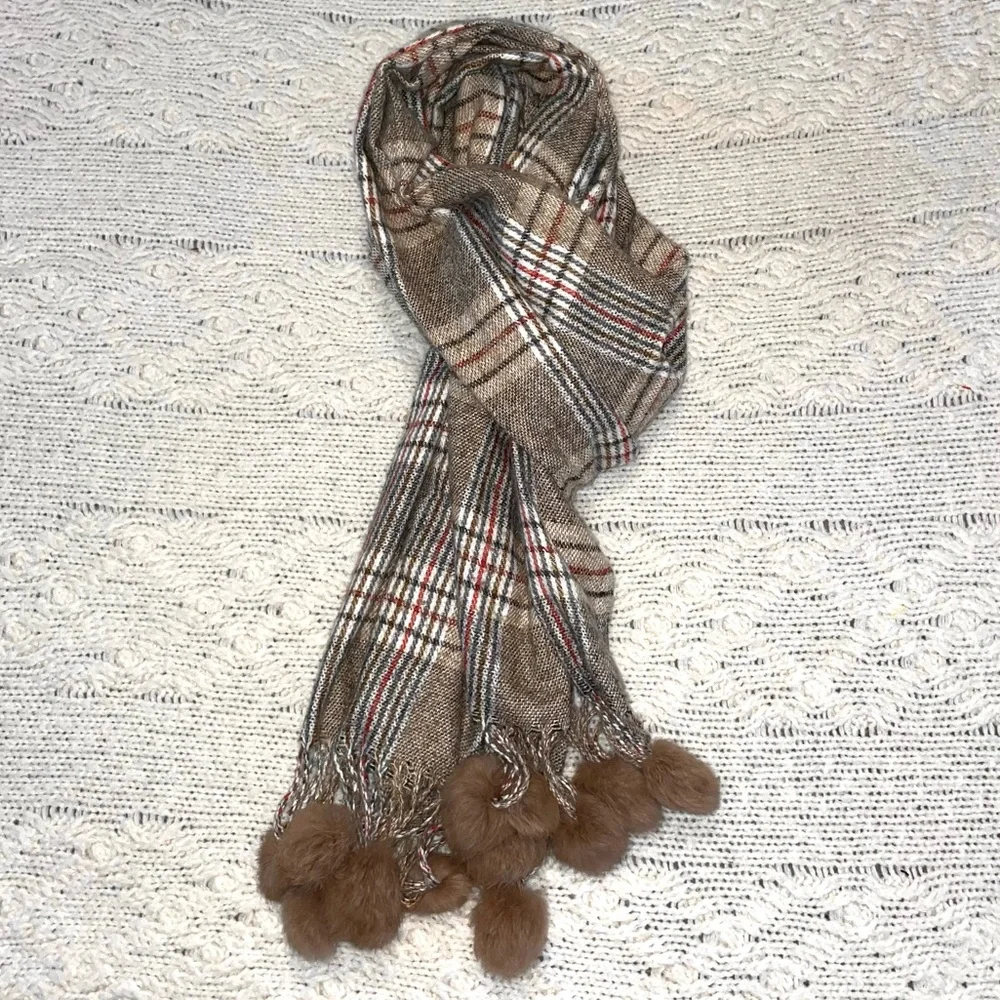 Cashmere Scarf  Fur Pom Poms Brown Plaid Women's - S Brand